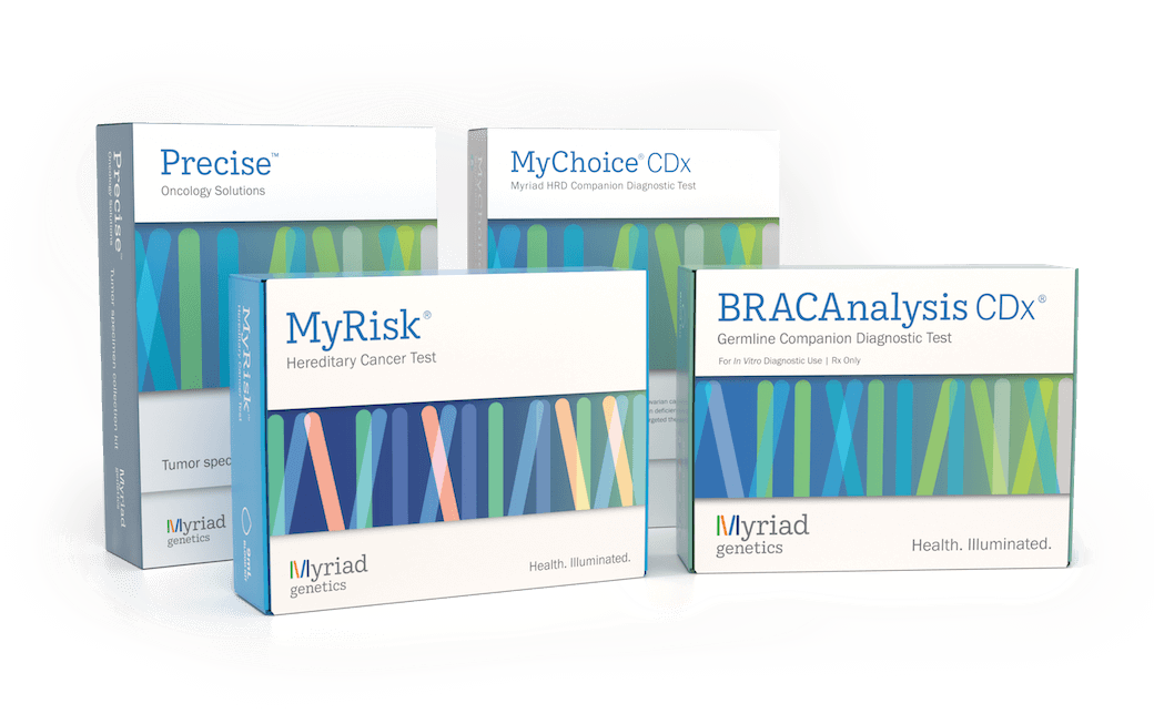 Precise, MyChoice CDx, MyRisk, BRACAnalysis CDx test boxes