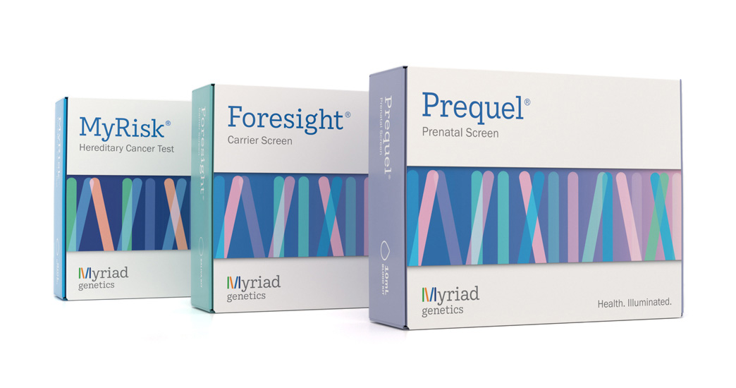 Genetic screening and hereditary genetic test kits available from Myriad; MyRisk hereditary Cancer Test, Foresight carrier Screen, and Prequel Prenatal Screen