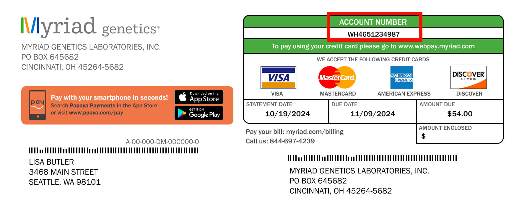 Example of a bill from Myriad