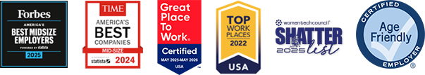 Logos of Forbes, Time, Great Place to Work, Top Work Places, and Womentechcouncil Shatter List