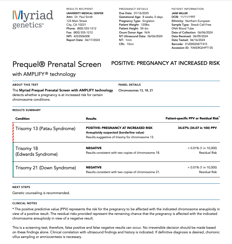 Prequel Prenatal Screen NIPT positive test sample report