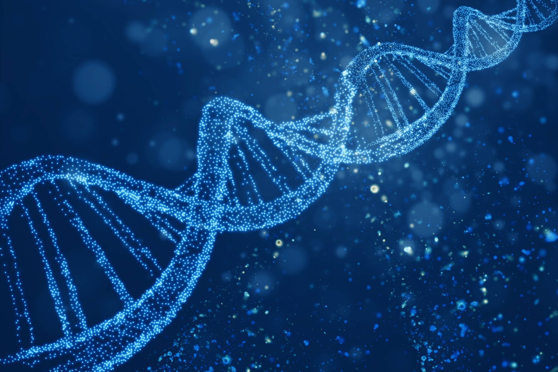 A glowing digital representation of a DNA double helix structure, composed of particles and light effects, symbolizing genetics, biotechnology, and molecular science.